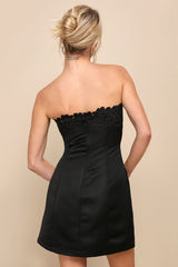 Unforgettable Icon Black Satin Strapless Floral Mini Dress