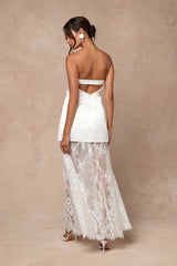 Winslet White Satin Sheer Hem Strapless Maxi Dress