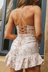 Make Memories Molded Bust Lace-Up Back Lace Mini Dress White/Beige