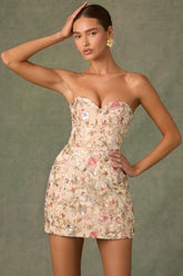 Embellished Strapless A-Line Mini Dress in Floral Beige