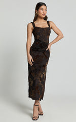 Karlene Midi Dress - Ruched Corset Burnout Dress in Black and Brown
