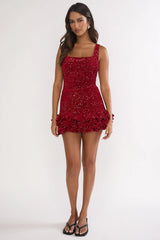Cherry Bomb Frill Hem Romper Sequin Red