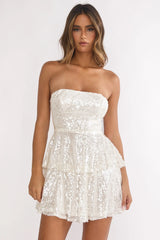 Provence Bloom Tiered Sequin Mini Dress White