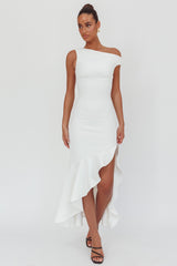 Lights On One-Shoulder Ruffle Hem Maxi Dress White