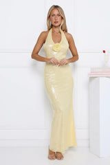 Shimmering Secrets Sequin Halter Maxi Dress Yellow