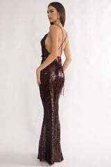 She's The Star Open Tied Back Maxi Dress Sequin Wine