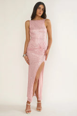 Zaretha Backless Split Maxi Dress Sequin Pink