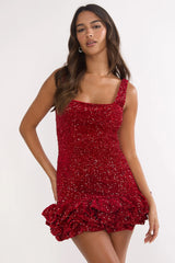 Cherry Bomb Frill Hem Romper Sequin Red