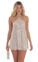 Sequin Halter Shift Dress in Nude