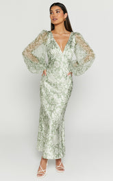 Freollyn Midi Dress - Deep V Neck Long Sleeve Dress in Sage