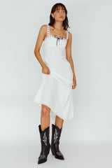 Sunbeam Eyelet Embroidery Bow Midi Dress White