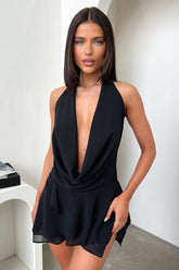 Cleo Plunge Cowl Neck Mini Dress - Black