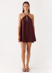 Soft Breeze Linen Mini Dress - Chocolate