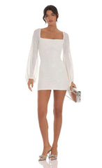 Sequin Balloon Sleeve Dress in White