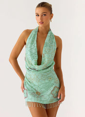 Outlaw Beaded Mini Dress - Mint Aqua
