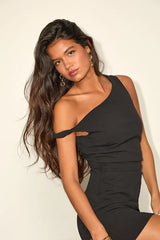 Becca Black Twisted One-Shoulder Mini Dress