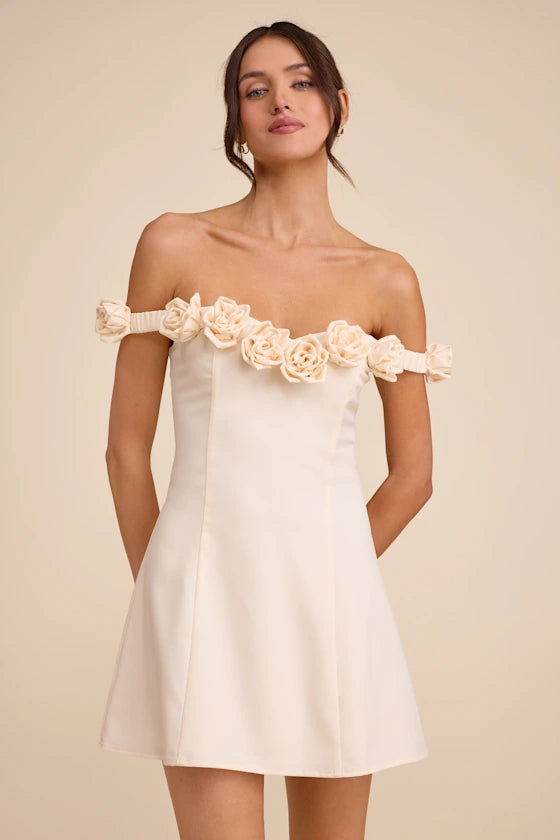 Gracen Ivory Rosette Off-the-Shoulder Skater Mini Dress