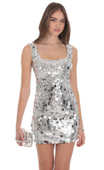 Circle Sequin Square Neck Dress in Silver