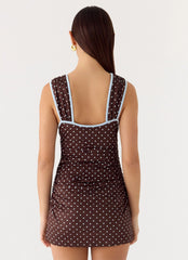 Options Mini Dress - Chocolate Blue Dot