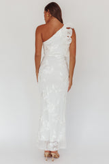 Deanna One-Shoulder Ruffle Maxi Dress Floral Texture White