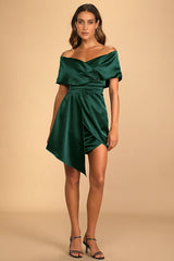 Always Celebrating Dark Green Satin Off-the-Shoulder Mini Dress