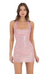 Sequin Halter Dress in Pink