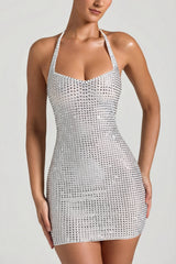 Embellished Halterneck Mini Dress in White