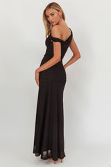 Lylah Asymmetric Neckline Mesh Maxi Dress Black