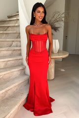 Aderyn Satin Corset Maxi Dress - Red