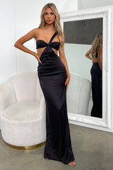 Alexia One Shoulder Satin Maxi Dress - Black